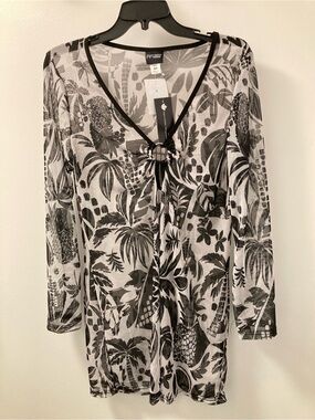 NWT Cover Me Black White Tropical Mesh Swim Cover-Up Tunic – M/M–Made in Canada